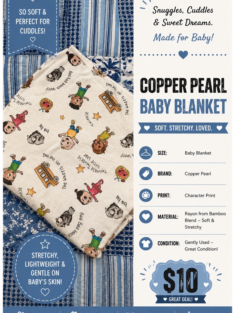 Copper Pearl Baby Blanket - Character Print in Blue & Cream